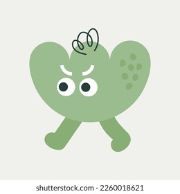 Anthropomorphic mascot, kindergarten concept. Social media, light green trefoil, goes to the left. Funny icon, flat cartoon character, cute sticker. Isolated on white
