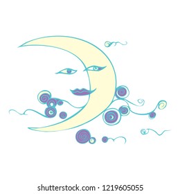 Anthropomorphic moon among the curls of clouds.