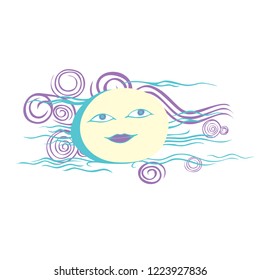 Anthropomorphic moon among the curls of clouds.