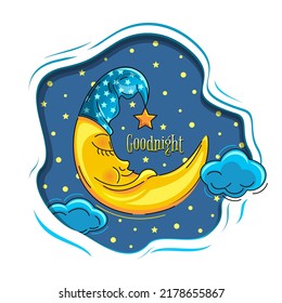 The Anthropomorphic Moon Sleeps Sweetly In The Starry Sky. Cartoon Moon In A Night Cap. Sleeping Moon. Goodnight. Vector Illustration