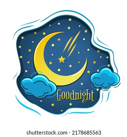 The Anthropomorphic Moon Sleeps Sweetly In The Starry Sky. Cartoon Moon In A Night Cap. Sleeping Moon. Goodnight. Vector Illustration