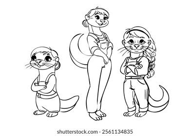 Anthropomorphic otter family characters in various poses wearing casual clothes. Black and white line art illustration. Cartoon style drawing for coloring book, character design, and print