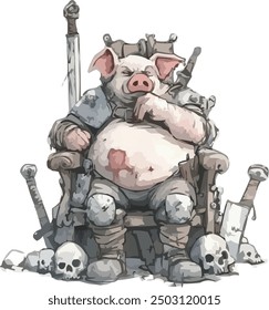 a anthropomorphic pig is depicted sitting on a throne with a stern expression, resembling a lord or warrior watercolor illustration