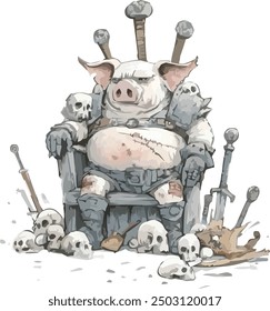 a anthropomorphic pig is depicted sitting on a throne with a stern expression, resembling a lord or warrior watercolor illustration