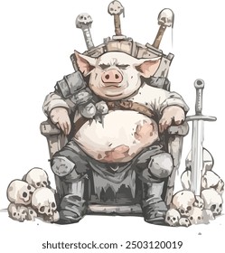 a anthropomorphic pig is depicted sitting on a throne with a stern expression, resembling a lord or warrior watercolor illustration