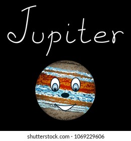 Anthropomorphic planet Jupiter vector cute face colored illustration space