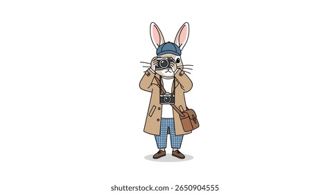 Personagem de coelho antropomórfico capturando momentos com uma câmera vintage