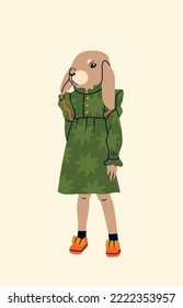 Anthropomorphic Rabbit girl. Hand drawn Vector isolated illustration. Cute cartoon bunny standing and posing. Fashion animal character. Stylish clothes. New year symbol