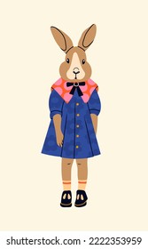 Anthropomorphic Rabbit girl. Hand drawn Vector isolated illustration. Cute cartoon bunny standing and posing. Fashion animal character. Stylish clothes. New year symbol