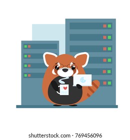 Anthropomorphic red panda - programmer standing with computer and coffee in server room. Cute vector illustration