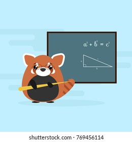 Anthropomorphic red panda - teacher standing with board and teaching of geometry theorem. Cute vector illustration