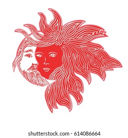 Anthropomorphic red sun and white moon. Like man and women. Sun-woman and moon-man. Hand drawn Vector astrology or tantric symbol.