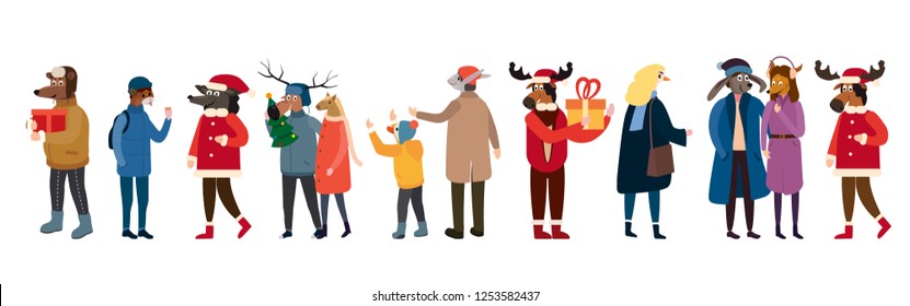 Anthropomorphic Set of animals in human winter clothes coats, jackets, curls, shaws, Bear, cat, deer, horse, rabbit, hare, fox, elk. Vector, flat style, illustration, isolated, template, poster