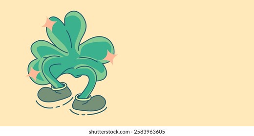 anthropomorphic shamrock stands smiling in small shoes on a light yellow background, sparkling with glitter. Whimsical cartoon style, likely for St. Patrick's Day.