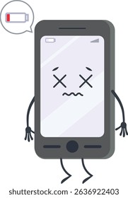 Anthropomorphic smartphone with arms and legs displaying an empty battery notification, featuring dead eyes and a worried expression, conveying frustration and concern over low power