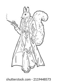 Anthropomorphic squirrel in fur coat smokes a cigarette in a cigarette holder. Black and white vector illustration	