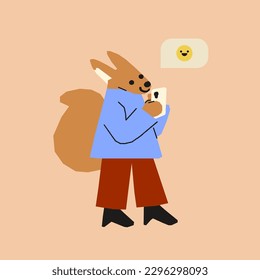 Anthropomorphic squirrel with phone cartoon character. Flat vector illustrations isolated on white background