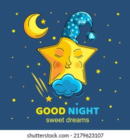 The anthropomorphic star sleeps in the night sky. Cute cartoon star in a night cap. Sleeping star. Good night and sweet dreams. Vector illustration