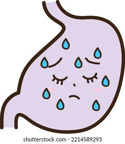 Anthropomorphic stomachache complaining of a sad expression of a stomach without energy