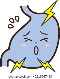 Anthropomorphic stomachache complaining of a sad expression of a stomach without energy