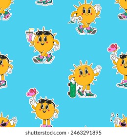 Anthropomorphic sun in fashionable sneakers with various accessories. Funny character in groove style. Square seamless pattern.funny Brigh vector digital illustration. Background, printing, scrapbook