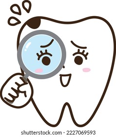 Anthropomorphic teeth with a magnifying glass and a troubled face