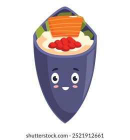 Personagem de sushi temaki antropomórfico com um rosto feliz bonito, segurando salmão e tobiko