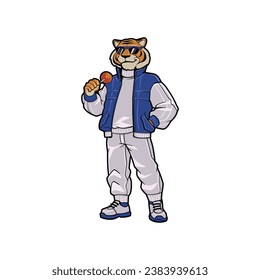 anthropomorphic Tiger wearing a sporty casual outfit and varsity jacket