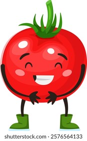 Anthropomorphic tomato character wearing green boots is laughing with closed eyes, conveying joy and amusement, ideal for healthy eating campaigns or children s illustrations