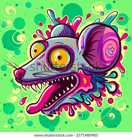 Anthropomorphic trippy rat head screaming. Psychedelic acid art of a stoned mouse with sharp teeth and pink liquid.