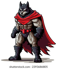 Anthropomorphic wolf superhero with a muscular build and red cape, radiating menace and power.