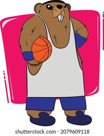 Anthropomorphized Groundhog Character Dressed As A Basketball Player. Groundhog Wearing Shorts Waist And Sweat Bands Showing Sportsman Spirit. Colorful Background With Abstract Organic Shape.