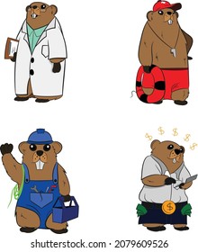 Anthropomorphized Groundhog character dressed as a Doctor Lifeguard Handyman and Accountant. Groundhog Set of four Characters.