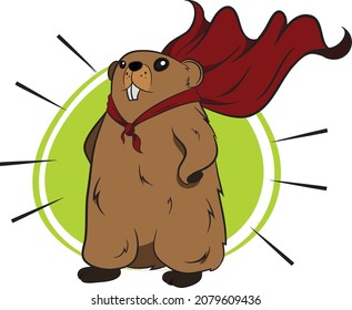 Anthropomorphized Groundhog character dressed as a superhero with cape. Groundhog wearing standing in superhero pose. Colorful background with abstract organic shape.