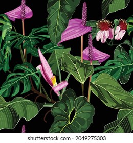 Anthurium, banana flower. Seamless floral pattern with violet glossy flowers and anthurium and palm leaves. Tropical pattern on a black background. 