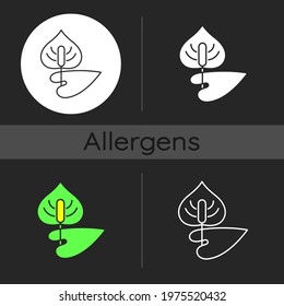 Anthurium dark theme icon. Flamingo flower. Blooming laceleaf. Cause of allergic reaction. Dangerous allergen. Linear white, simple glyph and RGB color styles. Isolated vector illustrations