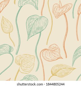 Anthurium flowers seamless pattern. Hand drawn vector illustration. Realistic tropical botanical background. Exotic plant sketches. Colored contour vintage design for print, fabric, textile, wallpaper
