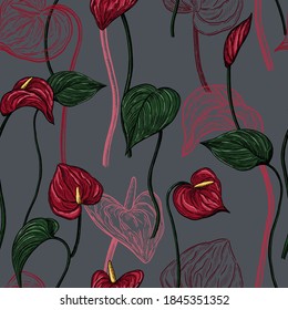 Anthurium blüht nahtloses Muster. Handgezeichnete Vektorgrafik. Realistischer tropischer botanischer Hintergrund. Exotische Pflanzenskizzen. Farbiges Vintage-Design für Druck, Gewebe, Textilien, Wrap, Tapeten.