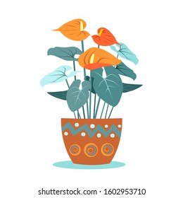 Anthurium, Laceleaf plants in the pot. Vector illustration, flat style. Tropical plants with flowers and leaves. Abstract geometric ethnic pattern on ceramic pot. Flamingo flower, orange tailflower.