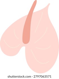 Anthurium leaf with central spadix and soft vein curves in clean cartoon style. Symbol of tropical flora, growth, nature care, and botany. Cartoon vector illustration.