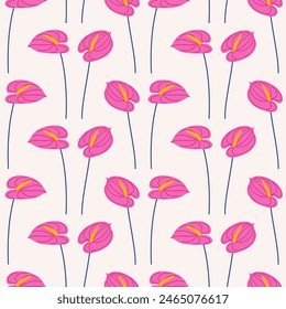 Anthurium pink flower, seamless pattern. Summer floral vector illustration, beige background. Bright spring botanical print, modern style design