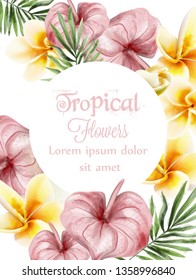 Anthurium and plumeria tropic flowers Vector watercolor card. Summer time paradise card. Wedding ceremony invitation. Exotic festival backgrounds