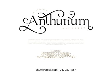 Anthurium premium luxury elegant alphabet letters and numbers. Vintage wedding typography classic serif font decorative vintage retro. creative vector illustration