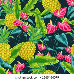 Anthurium. Red tropical exotic flower. Green leaves of a palm tree. Pineapple. Juicy sweet yellow fruit. Tropical summer jungle. Seamless background with pattern.