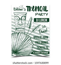Anthurium Regale Tropical Leaves Poster Vector. Floral Frond Nils Leaf Of Evergreen Plant And Idol On Advertising Dancing Party Banner. Nature Botanical Herb Monochrome Illustration