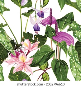 Anthurium and rhododendron flowers. Seamless floral pattern with violet pink glossy flowers and palm leaves. Tropical pattern on a white background. 