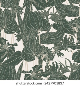 Anthurium. Seamless floral pattern with line tropical flowers and palm leavs and anthurium leaves. Tropical pattern background. Stock vector illustration.