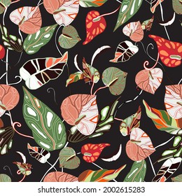 Anthurium. Seamless floral pattern with pink, red flowers and anthurium leaves. Drawn tropical pattern on black background. Stock vector illustration, print, texture