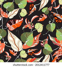 Anthurium. Seamless floral pattern with pink, red flowers and anthurium leaves. Drawn tropical pattern on dark background. Stock vector illustration, print, texture