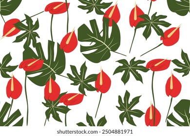 Anthurium. Seamless floral pattern with red glossy flowers and green anthurium leaves. Tropical pattern on a white background. Stock vector illustration.